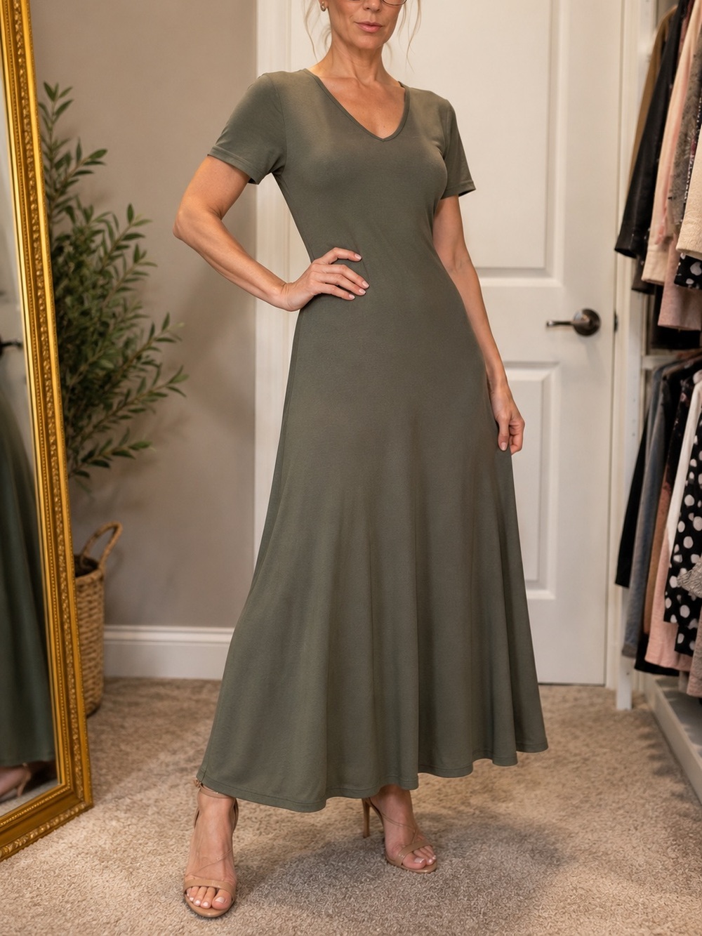 Olive Green V-Neck Short Sleeve Maxi Dress